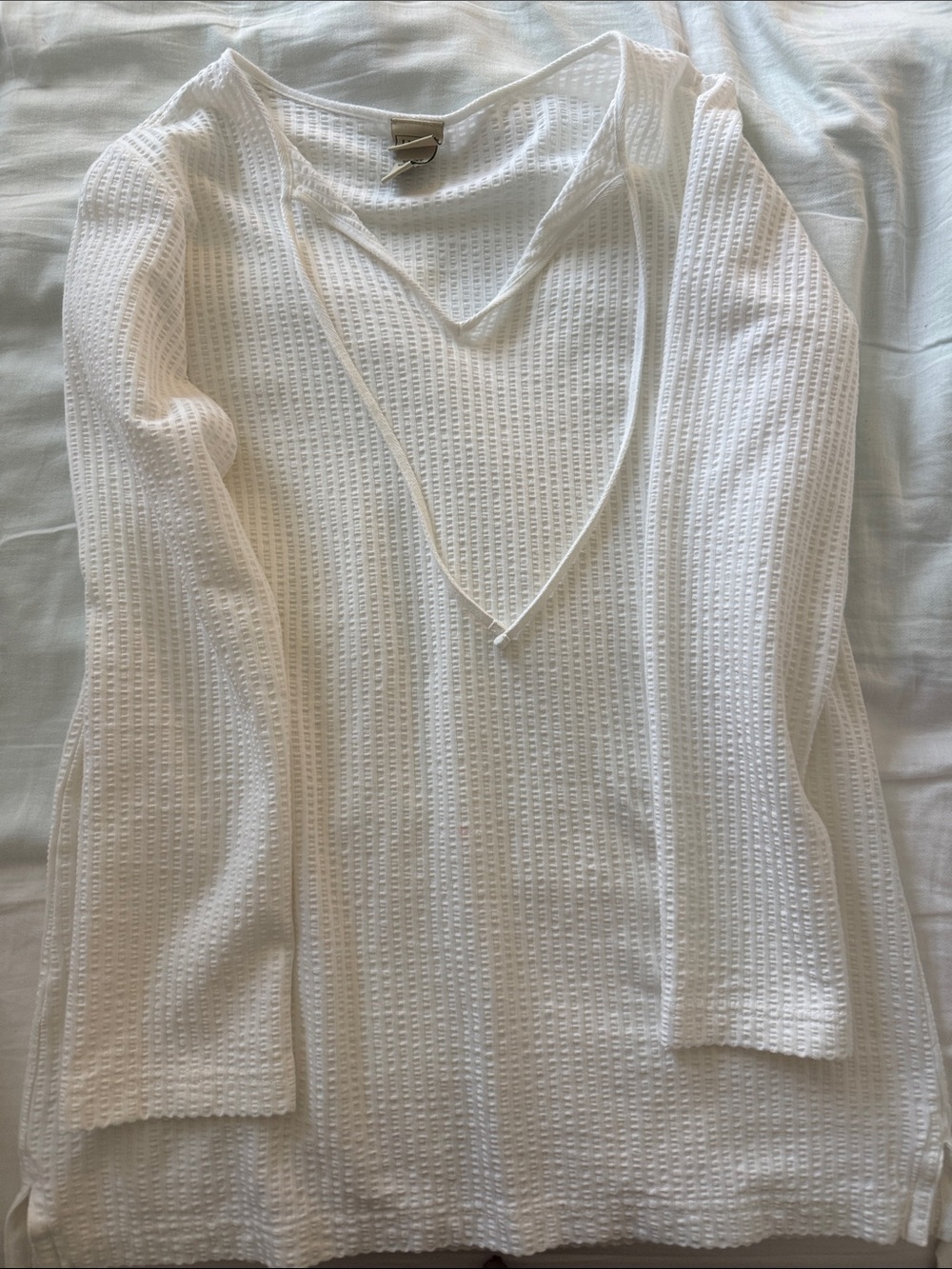 L.L. Bean Women's White Textured V-Neck Tie Sweater
